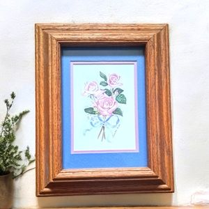 Vtg Pink Roses and Lace Wood Framed Wall Art Print 1992 Signed Artist 9.75x7.5"